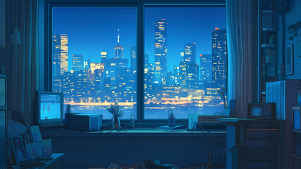 Naklejka premium 現代都市の夜景を大きな窓から眺める室内の様子をアニメーション風に描いた幻想的で静かな雰囲気のイラスト、リラックスした空間演出に最適なビジュアル