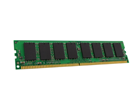Close up view of a single computer ram module with green circuit board and black memory chips isolated on transparent background