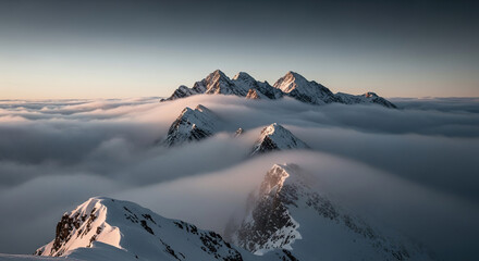 Snowy mountain peaks emerging from a sea of clouds under a muted sky at dawn or dusk landscape