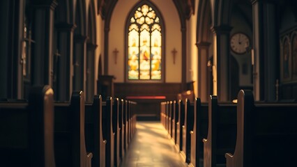 A serene church interior illuminated by stained glass, with empty wooden pews in focus.