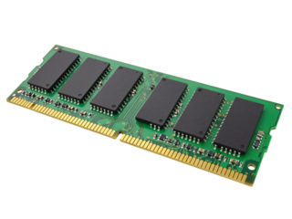 Close up of a computer ram module with black chips and green circuit board isolated on transparent background