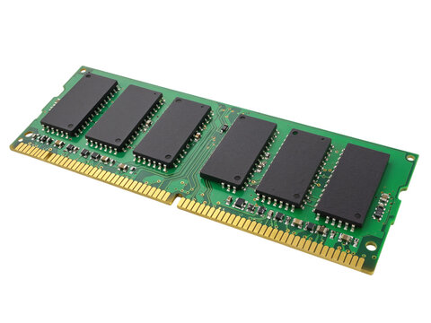 Close up of a computer ram module with black chips and green circuit board isolated on transparent background
