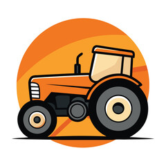 Illustration of an orange tractor against a sunset background isolated on white background, perfect for farming, agriculture, or transportation themes
