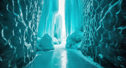A frozen ice cave with icicles and snow formations creating a tunnel like pathway to the light