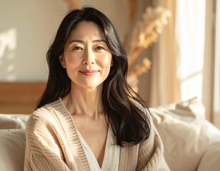 自然光の中で優しく微笑む日本人女性（50代）・長髪・ナチュラルなポートレート