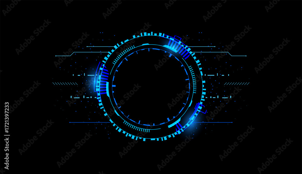 Poster a glowing circle with digital patterns and elements, ideal for technology-themed design projects.