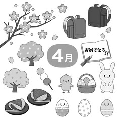 April Seasonal Monochrome Illustration Set for Spring and Easter