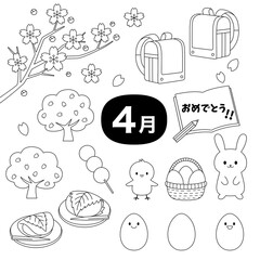 April Seasonal Line Art Illustration Set for Coloring and Education