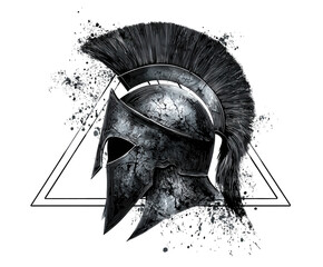 Ancient greek spartan warrior helmet with crest and triangle emblem isolated on transparent background