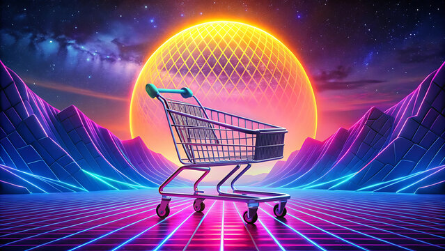 Retro style e commerce concept with neon shopping glowing futuristic design - Powered by Adobe
