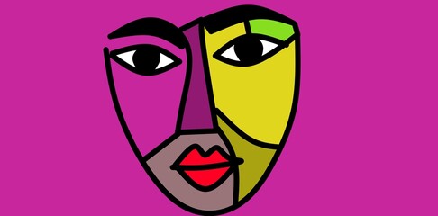 Cubism geometric abstract face modern art design with vivid angular patterns bold shapes colorful contemporary portrait creative artistic composition decorative interior wall illustration background