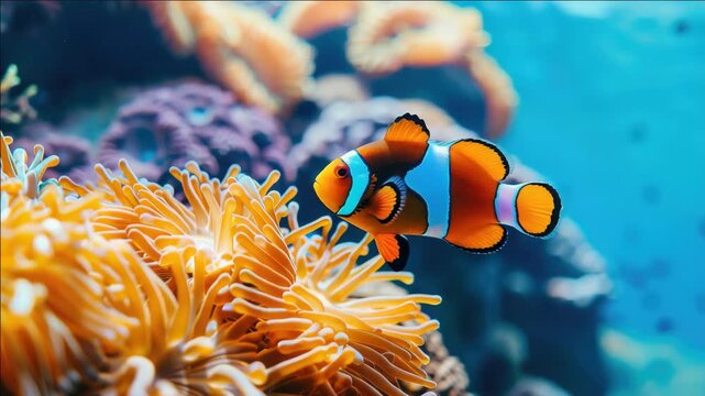 A vivid orange and black clownfish swimming among a coral reef with diverse marine life.