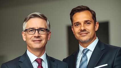 Two businessmen in suits, projecting professionalism and teamwork in a neutral, softly lit environment.