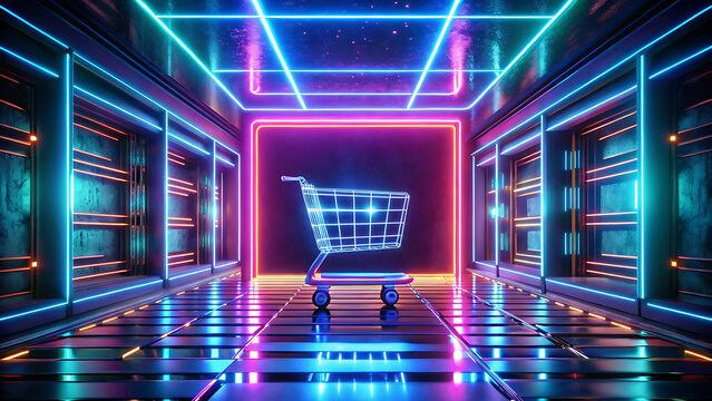 Retro futuristic online shopping hologram interface glowing neon futuristic concept - Powered by Adobe