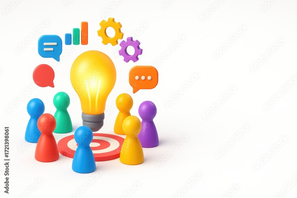 Poster Creative brainstorming session with colorful figures and light bulb on target board background
