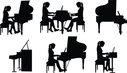 Silhouette woman playing piano, pianist performing music, grand piano, classical performance, concert practice, musician sitting, female pianist learning instrument