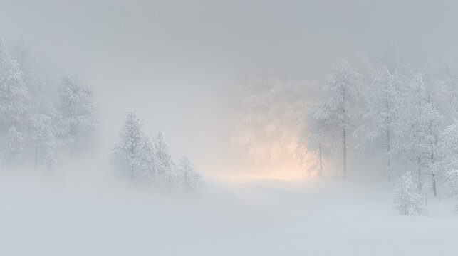 Minimal enchanted winter forest with soft snowfall, blurred foreground, warm fairy light glows, dreamy cinematic color palette, wide backdrop composition
