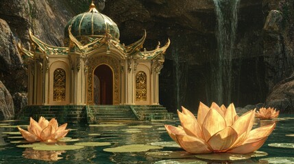 Golden Temple with Lotus Flowers in a Serene Water Garden.
