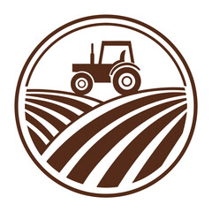 Brown tractor and field logo isolated on white background, perfect for agricultural businesses, farmtotable restaurants, and rural tourism
