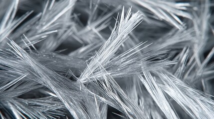 A close-up view of a complex network of thin, interconnected strands, resembling a spiderweb or a dense arrangement of crystals.