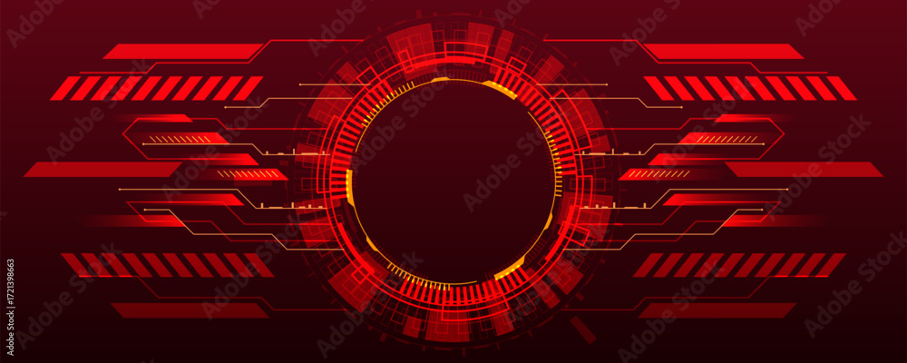 Poster dynamic red circle with futuristic tech frames, creating an abstract digital technology concept.