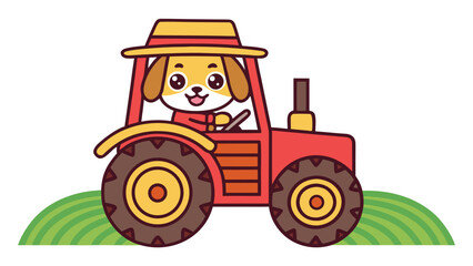Delightful cartoon puppy driving a red tractor on a green field isolated on white background, ideal for childrens educational materials