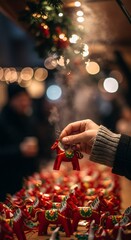 Woman hand holding a red dala horse ornament from a christmas market stall, with bokeh lights background. Festive holiday decoration or souvenir.