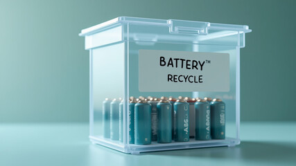 Battery recycling bin filled with used batteries on transparent base