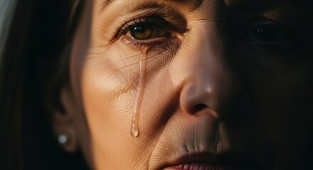Close up of a woman's face with a tear rolling down her cheek showing emotions of sadness or grief