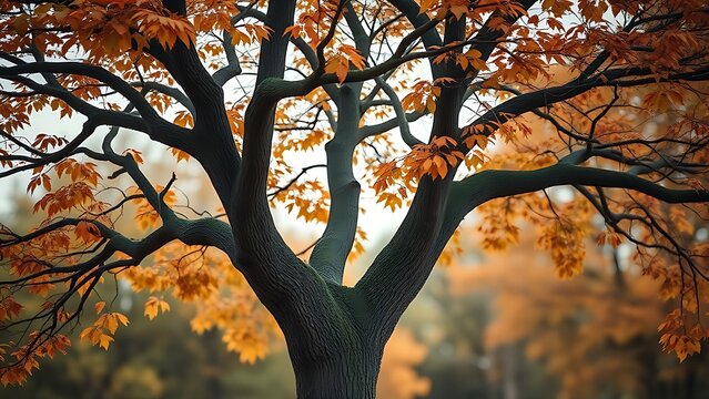 Two intertwined trees support each other in autumn, symbolizing family and change.