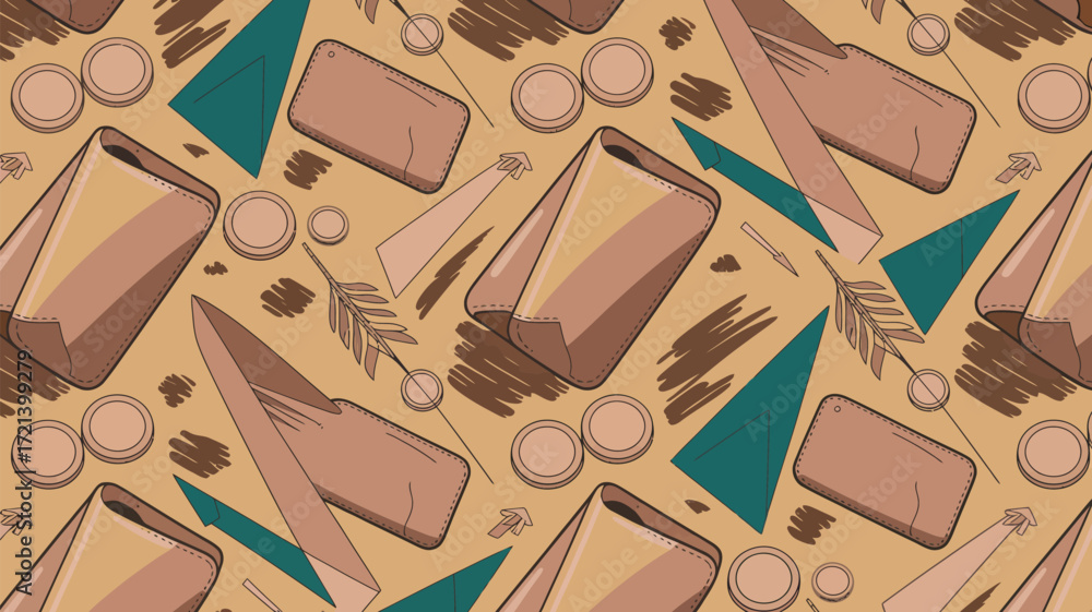 Poster a repeating pattern of wallets coins arrows and triangles on a tan colored background illustration