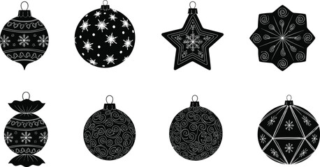 Christmas ornament silhouette set, snowflake, star, candy, spiral, geometric pattern icons, festive holiday decoration, black vector illustration, seasonal design