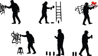 Graffiti artist silhouette, spray painting wall art, urban street culture, creative mural design, hip hop graffiti style, modern city artwork