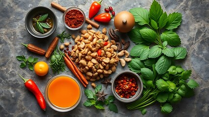 Southeast Asian culinary ingredients including fresh herbs and spices arranged on a textured stone surface.