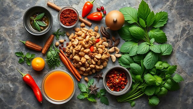 Southeast Asian culinary ingredients including fresh herbs and spices arranged on a textured stone surface.