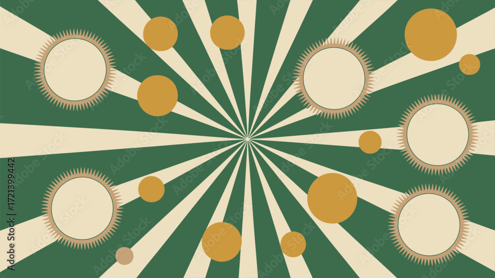 Poster a retro style background with radiating stripes and circles of varying sizes scattered throughout it