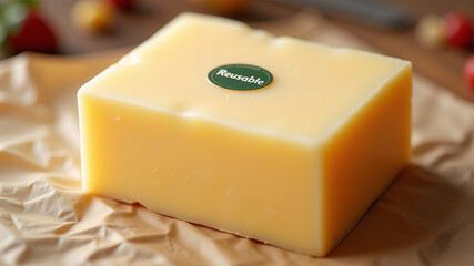 Closeup of bar soap with eco sticker on top placed on brown surface