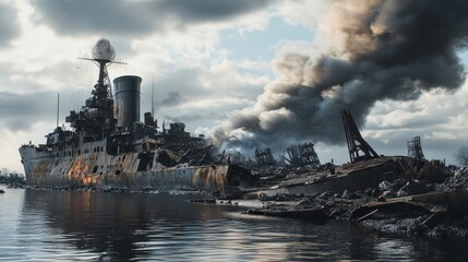A burning, wrecked warship sits in a harbor, shrouded in dark smoke and surrounded by debris.