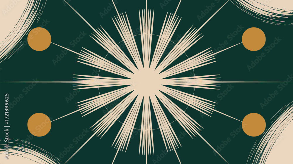 Poster abstract design with radiating lines circles and brush strokes in green and beige color palette