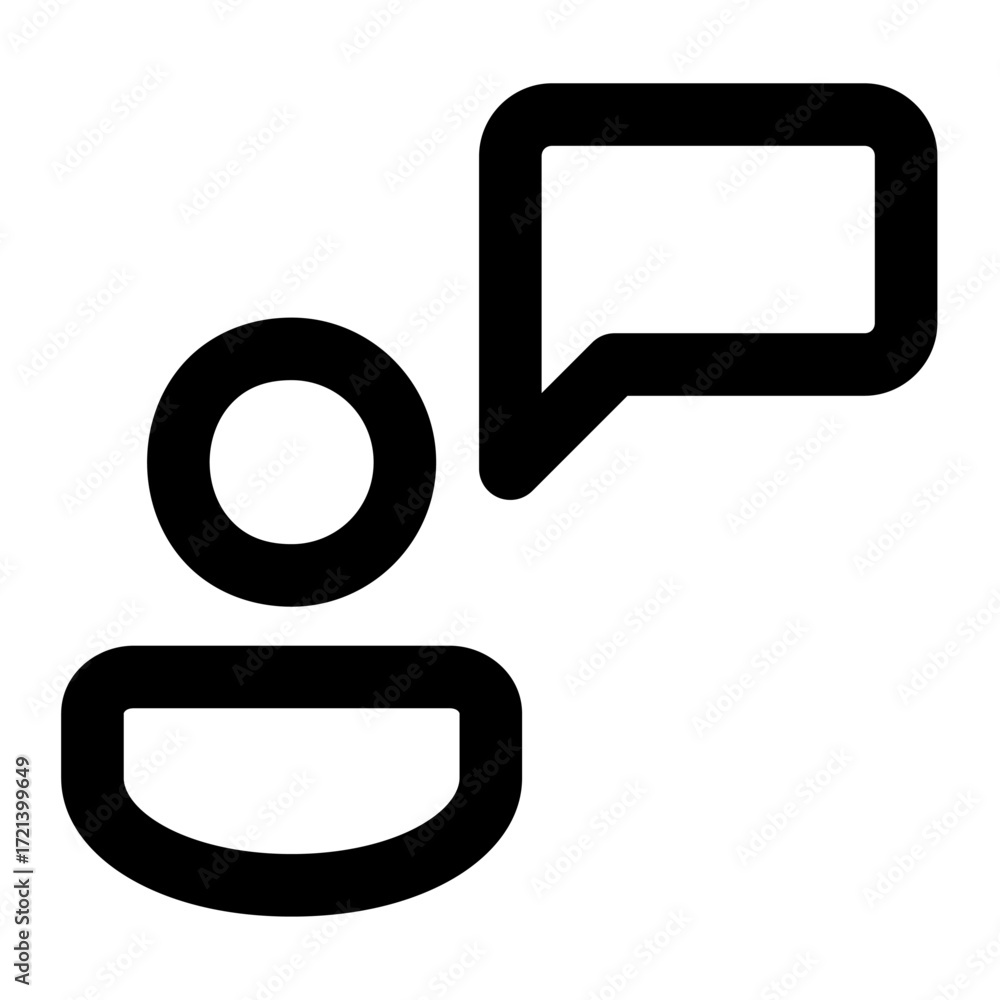 Poster person icon with a speech bubble indicating communication or conversation in a simple black design s