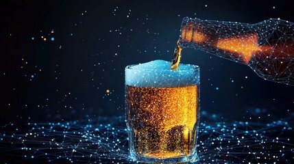Beer pouring from bottle into glass with digital effect.