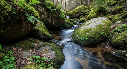 A stream flows through a mossy forest with large rocks and ferns on a cloudy day in the wilderness