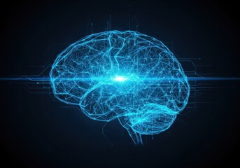 glowing blue digital brain with active neural pathways on dark background. abstract high-tech concept of artificial intelligence, data flow, and neurology.