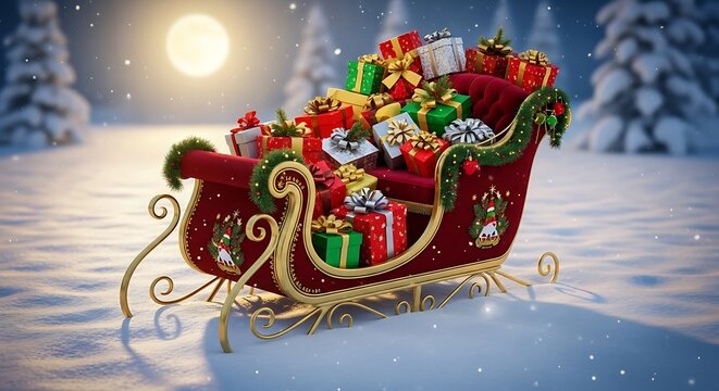 Santas sleigh overflowing with colorful christmas presents in a snowy winter wonderland under a bright moon, creating a magical holiday scene