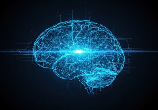 glowing blue digital brain with active neural pathways on dark background. abstract high-tech concept of artificial intelligence, data flow, and neurology.