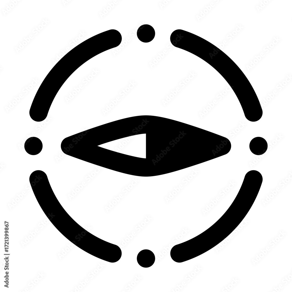 Poster abstract black and white design featuring a central eye shape surrounded by curved lines and dots ar