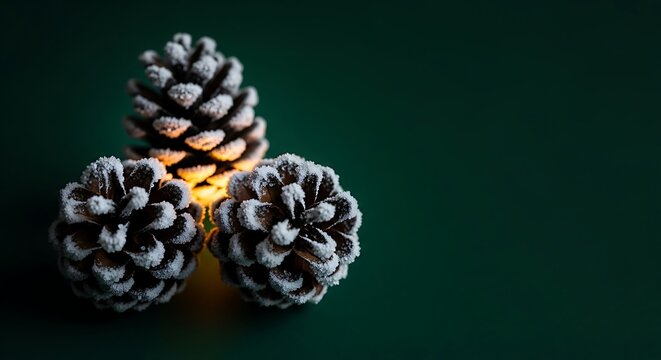 Three frosted pine cones arranged against a dark green background, creating a natural and elegant winter or christmas themed composition