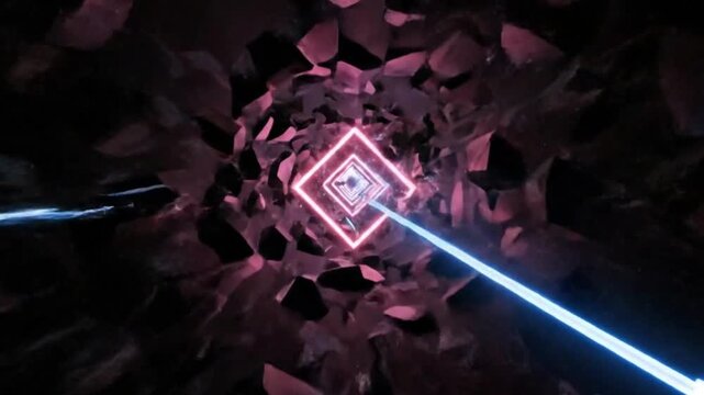 Glowing blue square frames descend through dark rock rubble with pink undertones and bright streaks