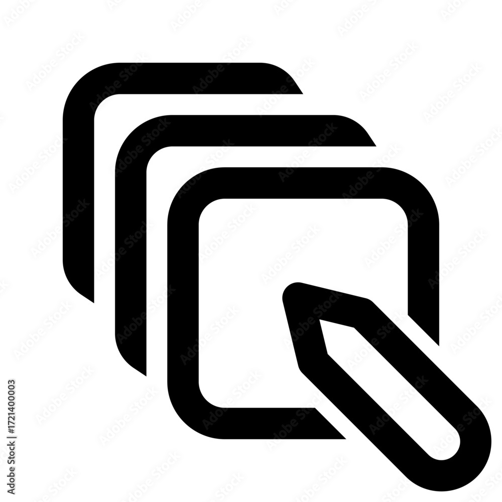 Poster black outline of stacked square shapes with rounded corners and a pencil shape overlapping the stack