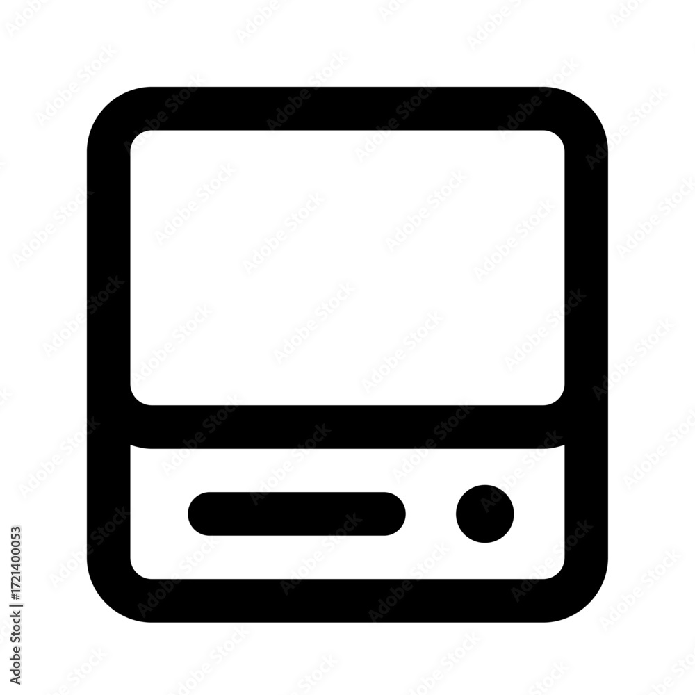 Poster illustration of a black and white electronic device with a screen and rounded corners in a simple st